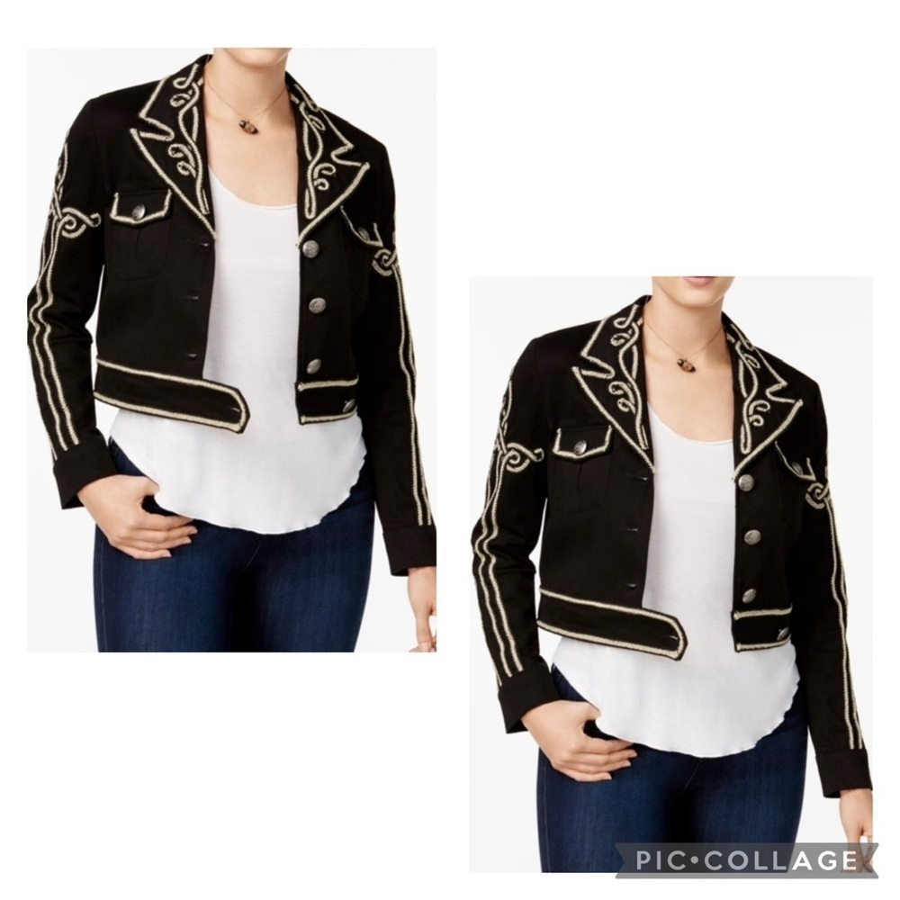 XOXO Women’s Black Gold Embroidered Embellished Cropped Military Jacket Size S